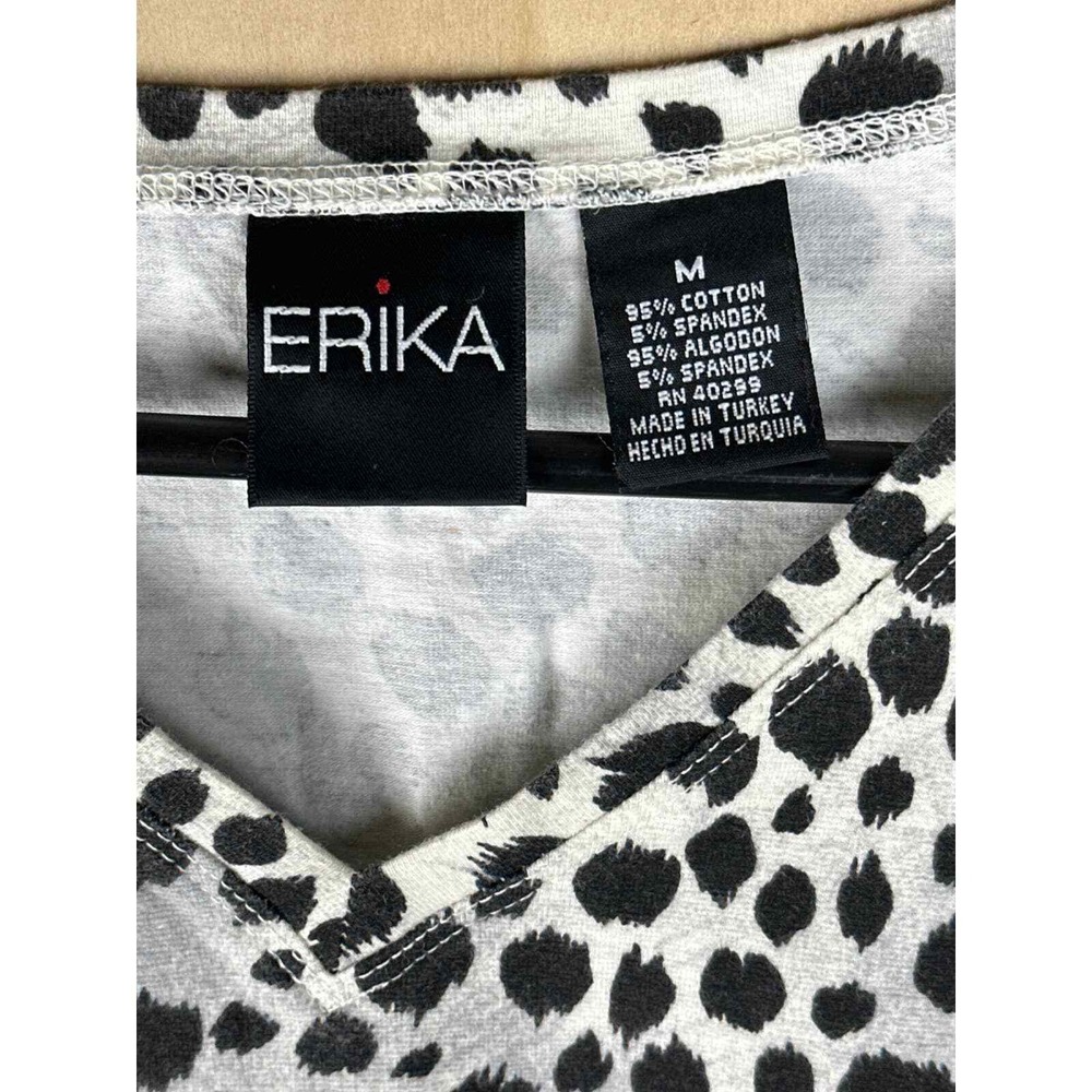 Erika Womens Black White Cheetah Animal Print V-Neck 3/4 Sleeve Top Medium - Picture 5 of 9
